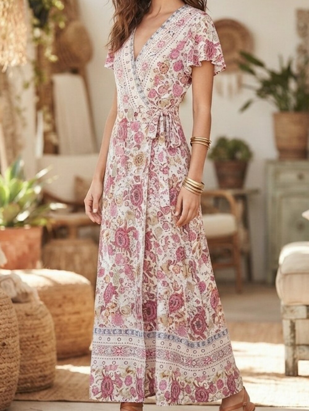 Bohemian Floral Pretty Garden Wrap Maxi Dress